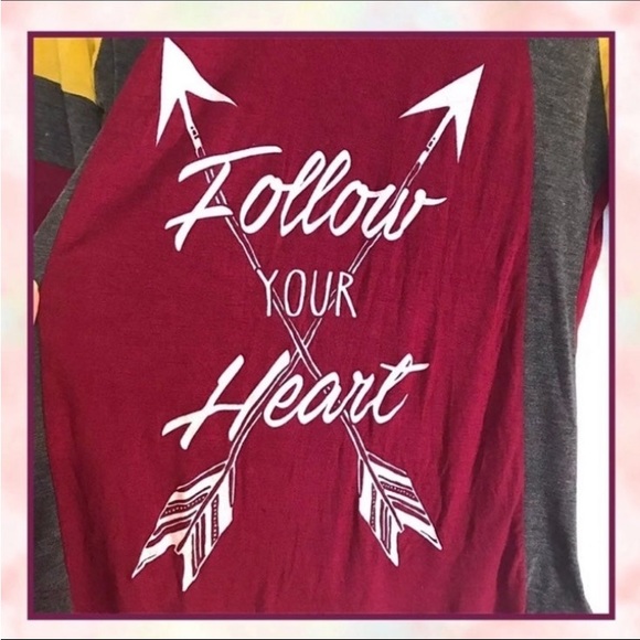 EUC JRS S FOLLOW YOUR HEART GRAPHIC T SHIRT RED & YELLOW ATHLEISURE STREETWEAR - Picture 2 of 12
